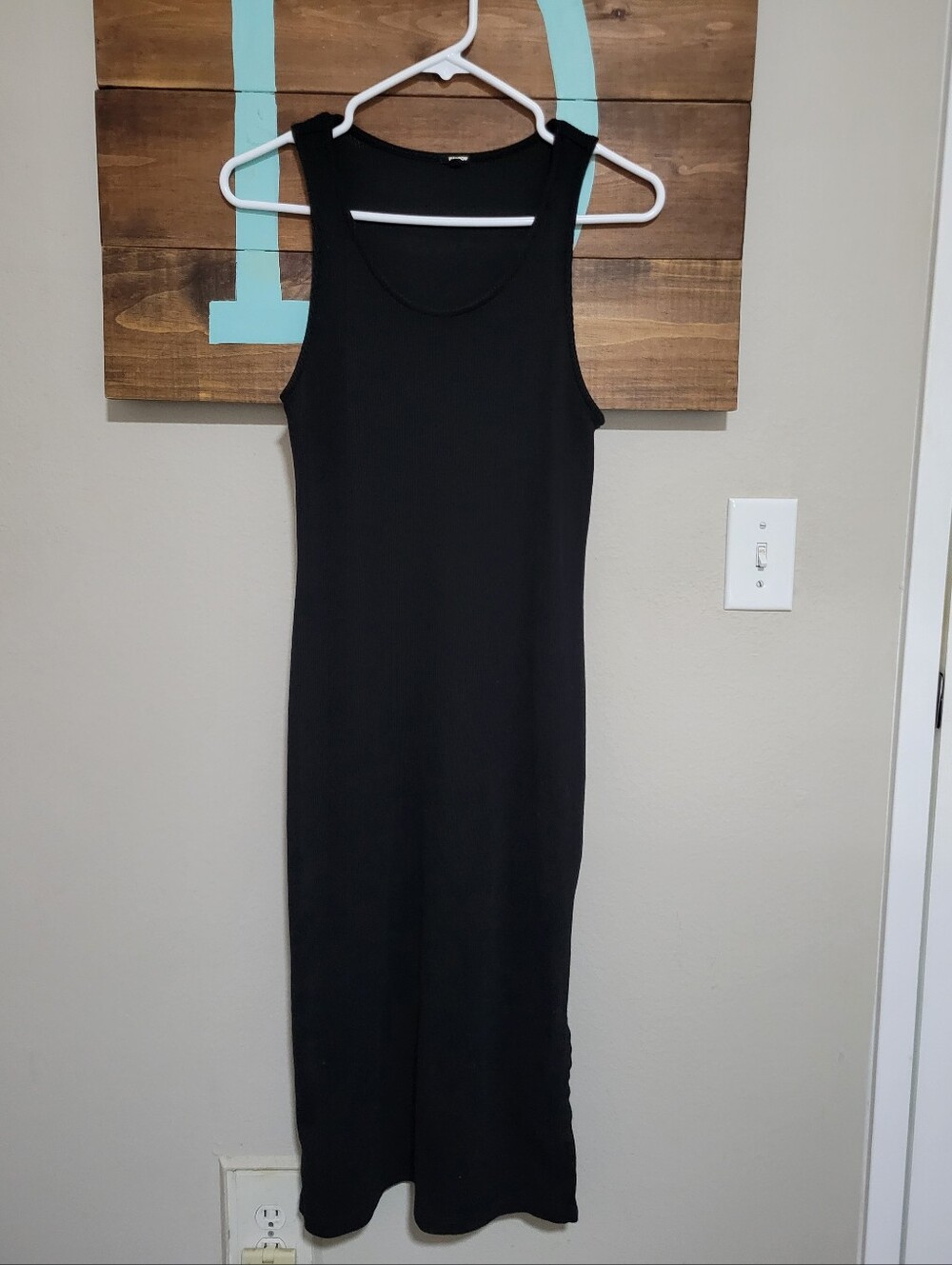 Monrow Black Ribbed Minimalist Sleeveless Slit Side Midi Tank Dress Size Large